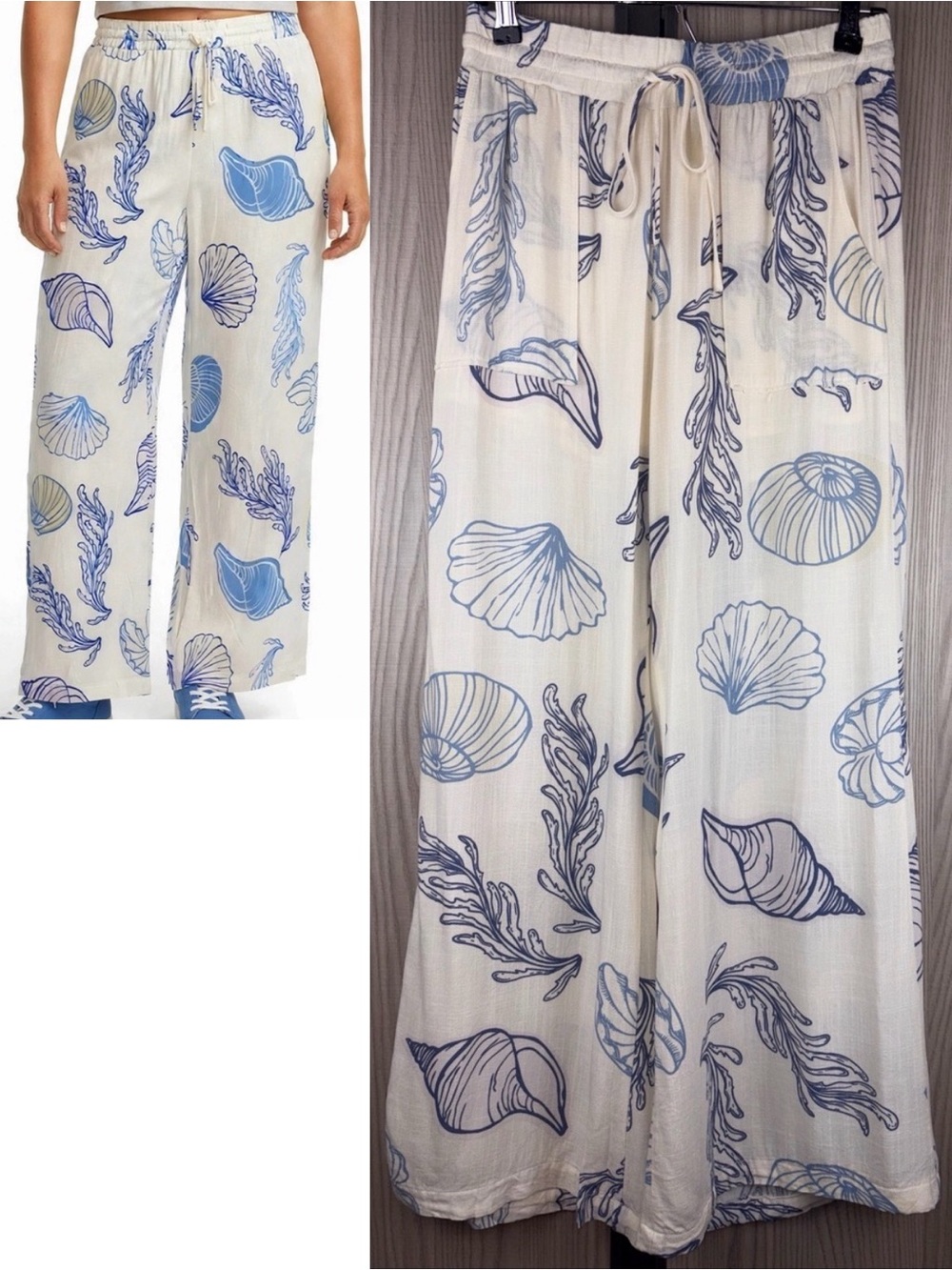 Anthropologie ~ ILLA ILLA ~ Seashell & Sea Plant Blue/Cream Wide-Leg Pants